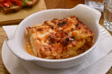 Fresh made and cooked local pasta from Bergamo lasagna ragu pasta served in local restaurant in Bergamo Citta Alta, Lombardy, North of Italy, Italian cuisine