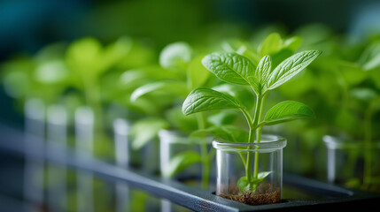 Green plants in experimental tubes, medical breakthrough in botanical studies, biotech advancement in environmental genetics, healthcare innovation in plant-based therapies, scient