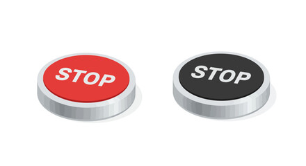 Isometric stop button design in red and black on white background