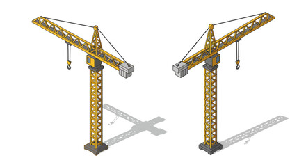 Isometric construction cranes with shadows on white background