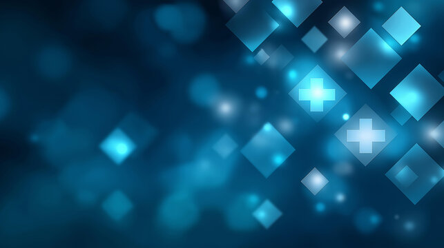 Blue background with geometric squares and crosses, medical breakthrough in tech design, biotech advancement in visual health, healthcare innovation in abstract concepts, scientifi