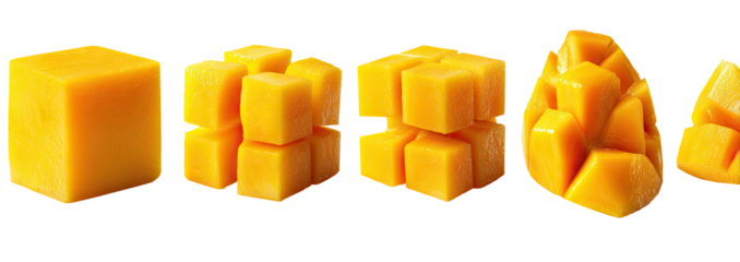 Cubed mango pieces in various arrangements
