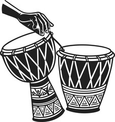 Hand playing djembe drums with geometric patterns music