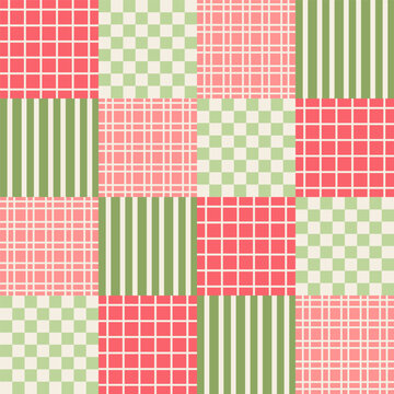 Christmas patchwork geometric seamless pattern. Plaid and checked pattern design. Modern holiday design for wrapping paper, festive backgrounds, and winter wallpaper.