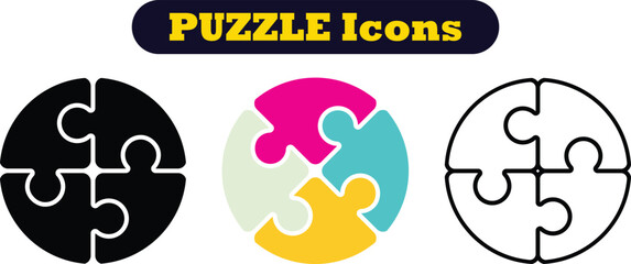 Puzzle pieces icons set in different shapes. Puzzles game piece collection in different style. Jigsaw, idea, solution etc. Teamwork Icon Set.