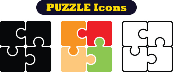 Puzzle pieces icons set in different shapes. Puzzles game piece collection in different style. Jigsaw, idea, solution etc. Teamwork Icon Set.