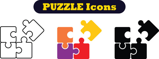 Puzzle pieces icons set in different shapes. Puzzles game piece collection in different style. Jigsaw, idea, solution etc. Teamwork Icon Set.