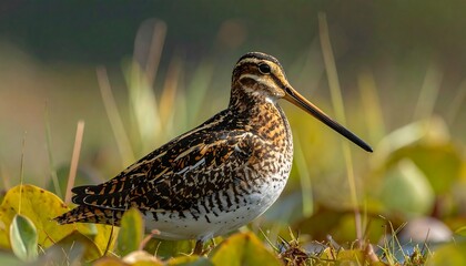 Beautiful snipe bird standing in its natural habitat on a sunny day