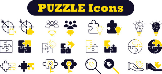 Puzzle and teamwork icon set. Jigsaw, idea, solution etc. Editable stork icons for solution finding, collaboration, integration, ideas, innovation, strategy, and shared goals