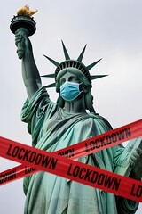 Fototapeta premium The Statue of Liberty is wrapped in red “LOCKDOWN” tape. For national shutdown or lockdown in the United States. Political tension, social limitations, pandemic effects, and economic disruption