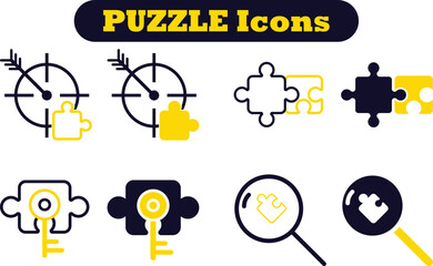 Puzzle and teamwork icon set. Jigsaw, idea, solution etc. Editable stork icons for solution finding, collaboration, integration, ideas, innovation, strategy, and shared goals