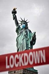 Fototapeta premium The Statue of Liberty is wrapped in red “LOCKDOWN” tape. For national shutdown or lockdown in the United States. Political tension, social limitations, pandemic effects, and economic disruption