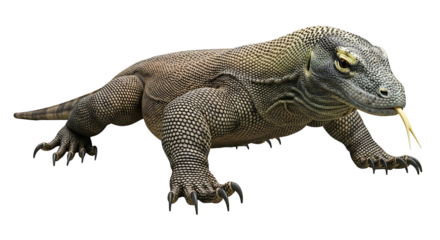 A large Komodo dragon walking with its tongue out isolated on a white background.