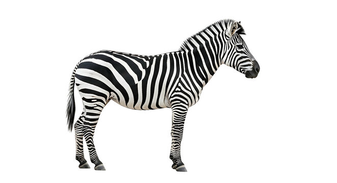 A full body studio shot of a zebra standing on a white background.