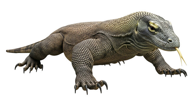 A large Komodo dragon walking with its tongue out isolated on a white background.