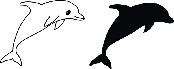 Cute cartoon dolphin line drawing and black silhouette vector illustration isolated on white background