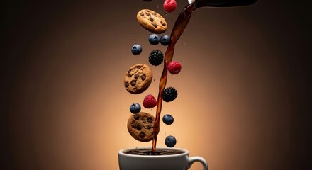 floating assorted nuts, coffee beans, and chocolate falling into a white mug, dramatic lighting, cinematic, high contrast, hyperrealistic, 8k, high definition
