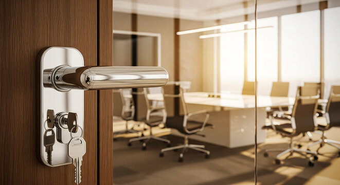 Entering a modern conference room for a business meeting with keys dangling on the door handle