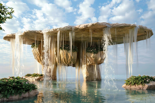 Enchanting floating island with cascading waterfalls and lush greenery over calm water