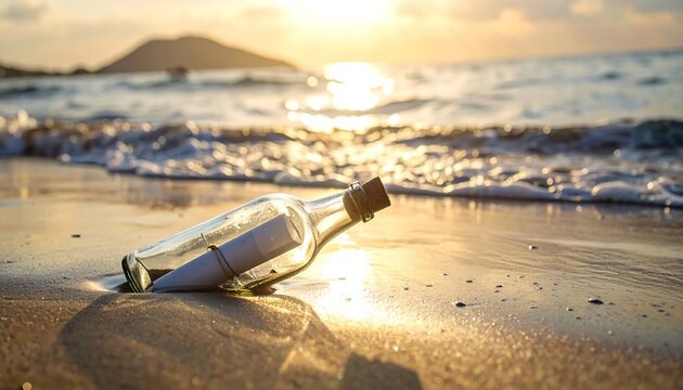 Message in a bottle on a beach at sunset