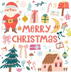 Merry Christmas vector elements set. Santa Claus, Christmas tree, cozy cottage, floral elements, snowflakes