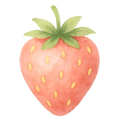 A soft pink strawberry with tiny yellow seeds and fresh green leaves, painted in a gentle watercolor style on a clean white background.