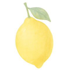 A bright yellow lemon with a soft watercolor texture and a single green leaf, painted in a light and refreshing style on a white background.
