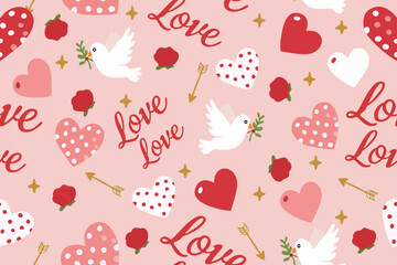 Romantic seamless pattern with white doves, red roses, hearts, love lettering, arrows, and golden stars on soft pink background, perfect for Valentine’s Day design.
