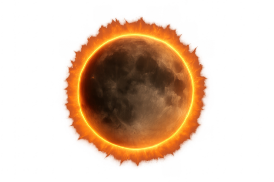 Solar eclipse corona radiating light on moon surface