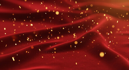 Luxurious Red Wavy Background with Golden Shimmering Particles. Elegant Flowing Fabric Texture and Bokeh Light Effect for Celebrations, Holidays, and Festive Design.