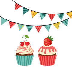 Two delicious cupcakes decorated with fruits and colorful bunting flags above them.