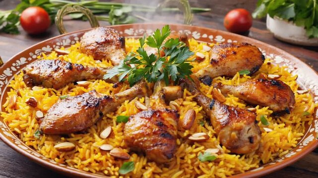 Spiced kabsa rice dish arranged neatly with grilled chicken pieces and vegetable garnish