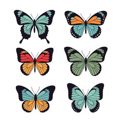 Six vibrantly colored stylized butterflies arranged in two columns and three rows each on a white background.