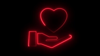 Glowing neon line love in hand icon isolated on black background. Hand giving love symbol. Valentines day symbol Hand holding heart symbol icon animation neon glow on black background