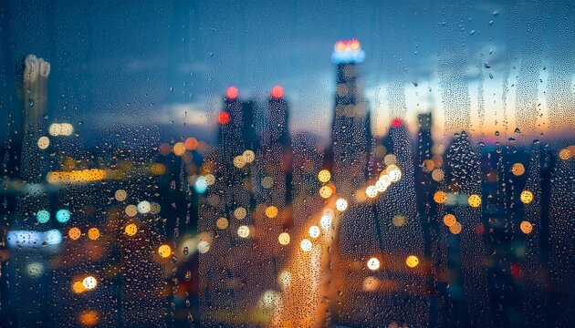 atmospheric view of a city skyline on a rainy night seen through a window with raindrops and blurred lights