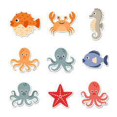 Naklejka premium A charming collection of cute cartoon sea creatures and ocean life.