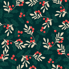 Festive seamless pattern with holly branches. Holiday Christmas background for wallpapers, textile, wrapping paper. Vintage template for fashion prints.