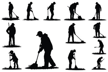 Collection of black silhouettes of people sweeping and raking