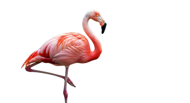 Elegant flamingo stands gracefully against a pristine white backdrop.