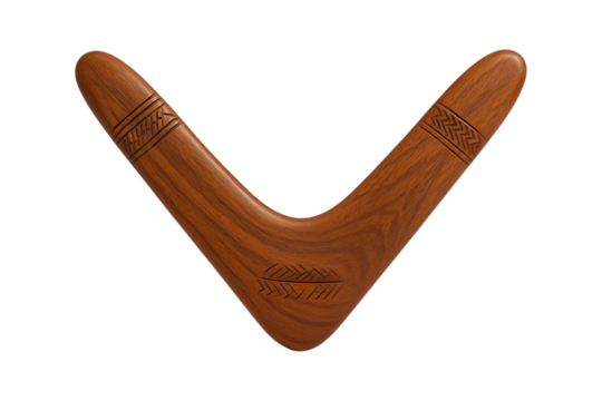 Boomerang. Australian. Aboriginal Art. A wooden Australian boomerang with traditional engravings, isolated as a PNG clip art on a transparent background for concepts of travel or aboriginal culture. - Powered by Adobe