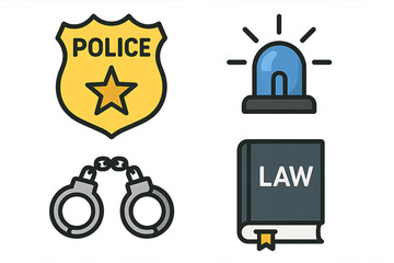 Law enforcement themed image with badge, siren, handcuff and law book. 