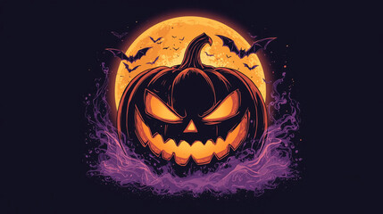 Menacing Jack-o'-Lantern with Glowing Eyes and Bats Against Full Moon in Dark Night Sky with Purple Mist for Halloween Illustration