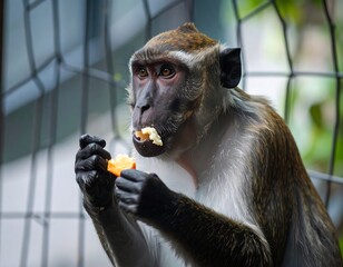 Monkey eating fruit behind bars