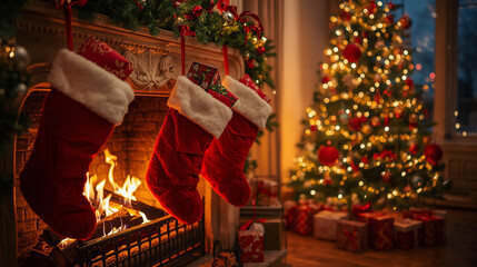  warm and cozy Christmas Eve fireplace scene with plush red stockings filled with an assortment of colorful gifts and treats, hung from the mantel, logs crackling and flames dancing in the fireplace