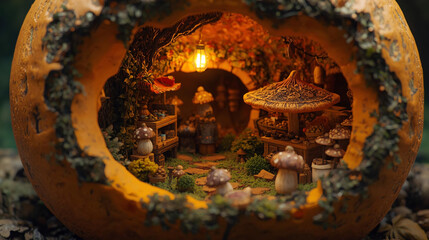 A tiny fairy market inside a hollow pumpkin, with stalls made from acorn caps and mushroom umbrellas