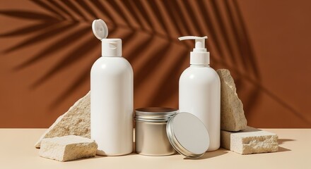 Minimalist Skincare Product Display with Natural Elements and Warm Tones.