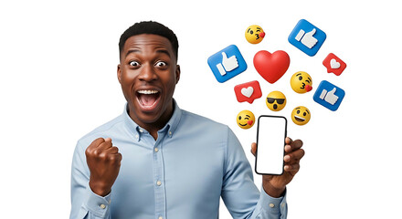 Excited African American man holding smartphone with social media icons.