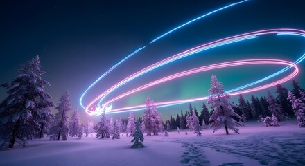 Magical Santa's sleigh flying over snowy forest trails with neon lights, spreading joy this Christmas holiday season with a festive and vibrant winter wonderland