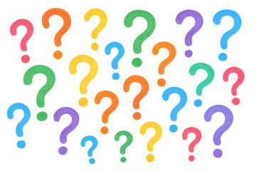 A collection of colorful question marks signifying uncertainty, curiosity, and exploration. 