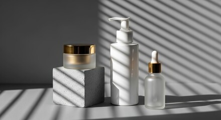 Minimalist Skincare Product Display with Sunlight and Shadows.